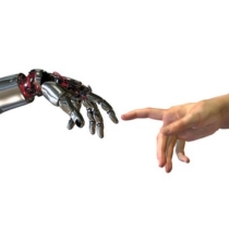 Robot and human hands almost touching - 3D render. A modern take on the famous Michelangelo painting in the Sistine Chapel; titled, "The Creation of Adam".